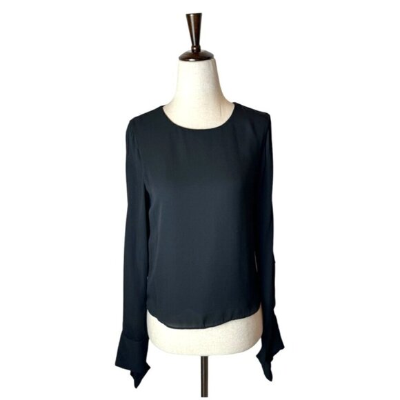 Ramy Brook Shirt Womens Extra Small Black Crepe Crew Neck Slit Sleeves Addy Top - Picture 2 of 11